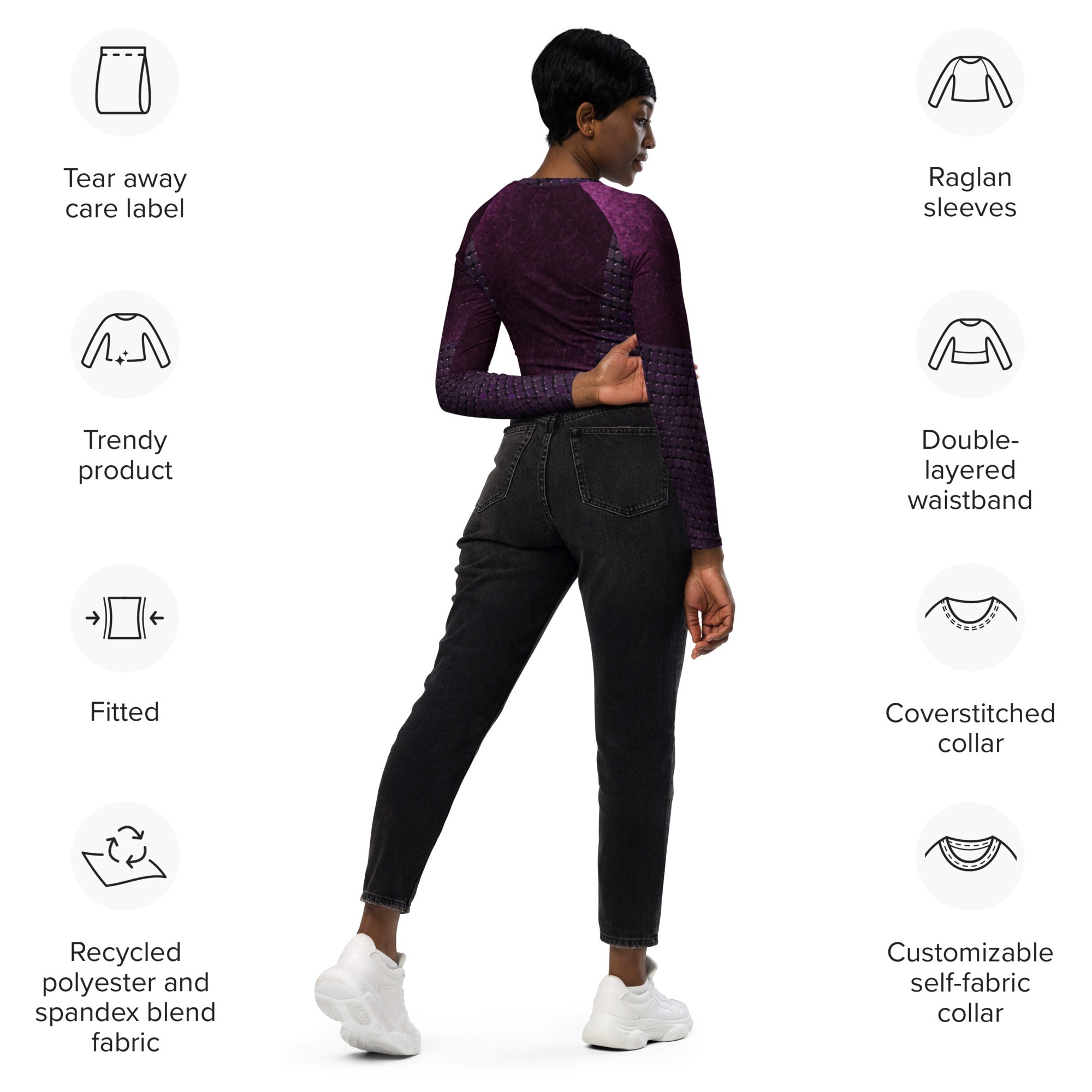 Long-sleeve gym crop top. Ideal fitness top, runner's or yoga top. "Mulberry" by WickedYo.